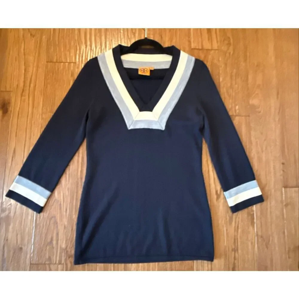 Tory Borch Cicada Merino Wool trim neck tunic sweater xsmall